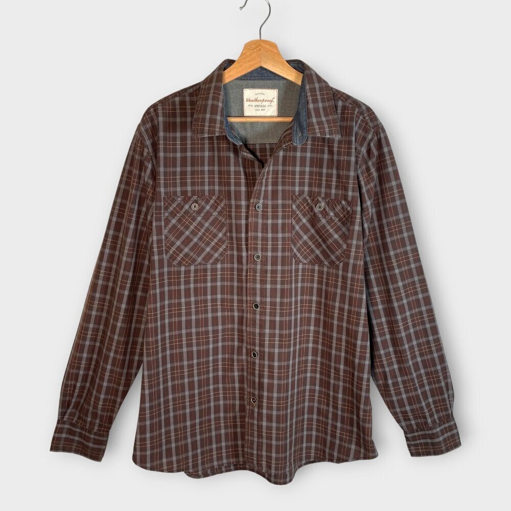 🦜 Weatherproof Vintage Button Down Shirt Mens LARGE Brown Plaid Hiking Casual